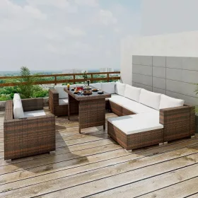  10-részes barna polyrattan kerti bútorszett párnákkal
