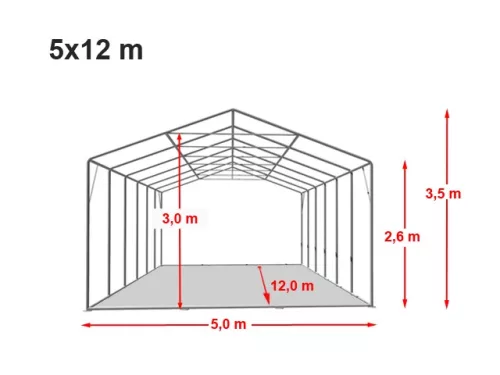 TP Professional 5x12m 2,6m oldalmagas raktársátor nehezen éghető PVC 1400 ponyvával, fehér