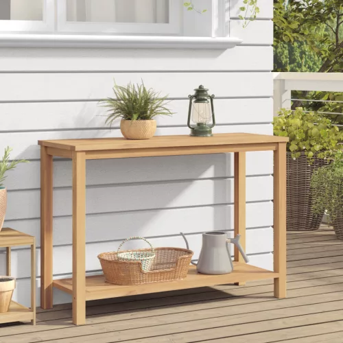  Konzolasztal tárolóval polcokkal Barna 110 x 40 x 45 cm Tömör tíkfa