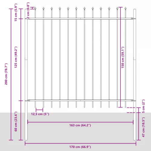  Kerti Kerítés Lándzsás Felső Szürke 1,7x1,5 m Acél