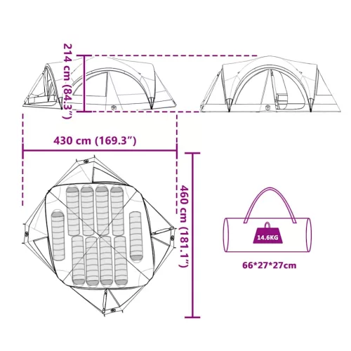  Családi Sátor tetővel Kék és Szürke 460 x 430 x 214 cm