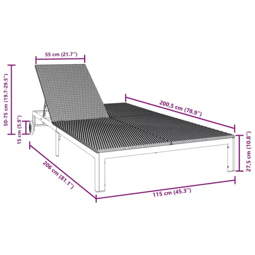  Napozóágy 1-személy Fekete 206 x 62.5 x 74 cm polirattan