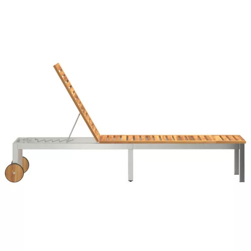  Napozóágy Kerekekkel 207x58x35 cm Tömör Akácfából és Rozsdamentes Acélból