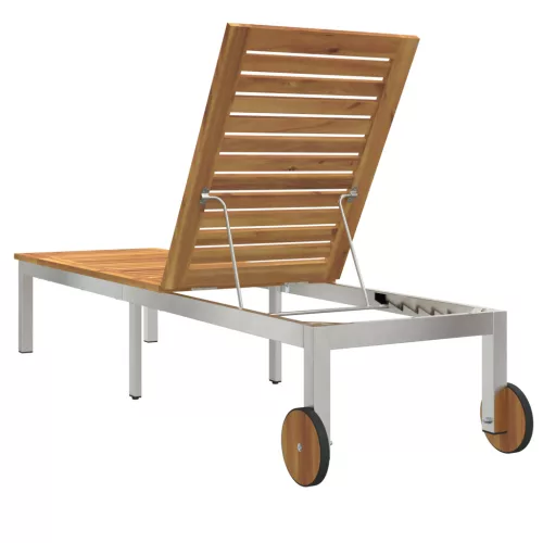  Napozóágy Kerekekkel 207x58x35 cm Tömör Akácfából és Rozsdamentes Acélból
