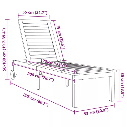  Napozóágy Kerekekkel 207x58x35 cm Tömör Akácfából és Rozsdamentes Acélból