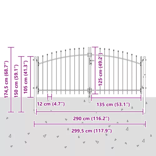  kerti kapu tüske tetejű szürke 125 x 300 cm acél