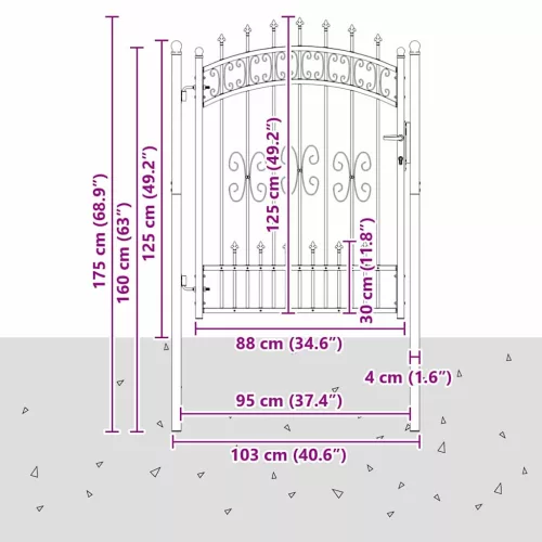  Kerítéskapu Lándzsa Tetejével zárral Szürke 103 x 125 cm Acél