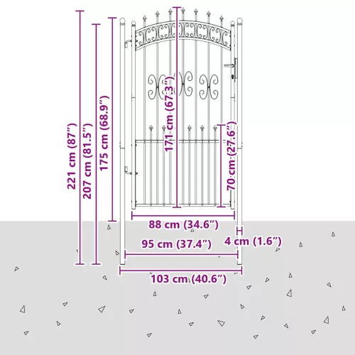  Kerítéskapu Lándzsa Tetejével zárral Szürke 103 x 175 cm Acél