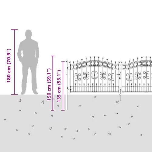  Kerítéskapu Lándzsa Tetejével zárral Szürke 305 x 100 cm Acél