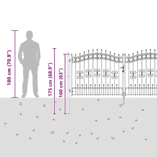  Kerítéskapu Lándzsa Tetejével zárral Szürke 305 x 125 cm Acél