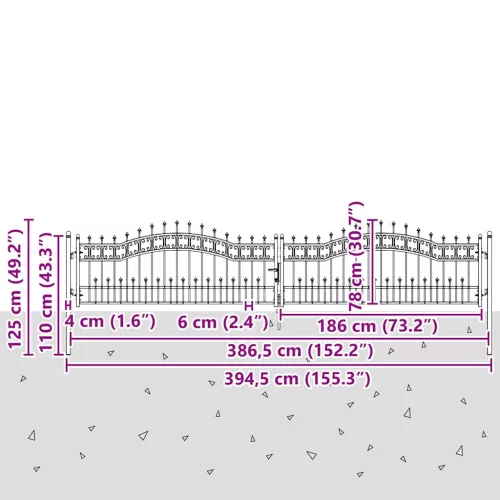  Kerítéskapu Lándzsa Tetejével zárral Szürke 404 x 75 cm Acél