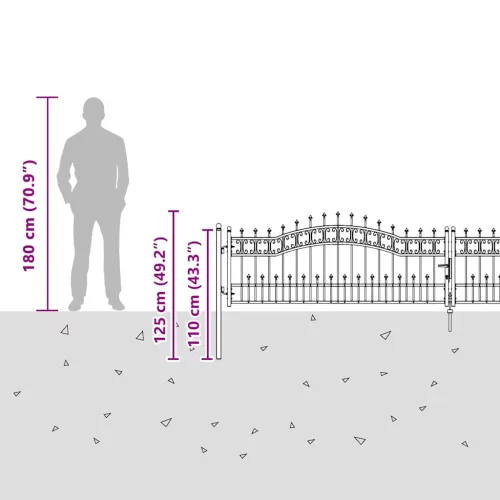  Kerítéskapu Lándzsa Tetejével zárral Szürke 404 x 75 cm Acél