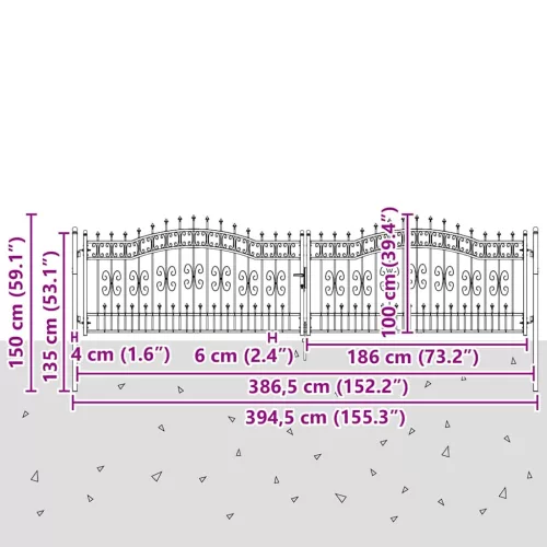  Kerítéskapu Lándzsa Tetejével zárral Szürke 404 x 100 cm Acél