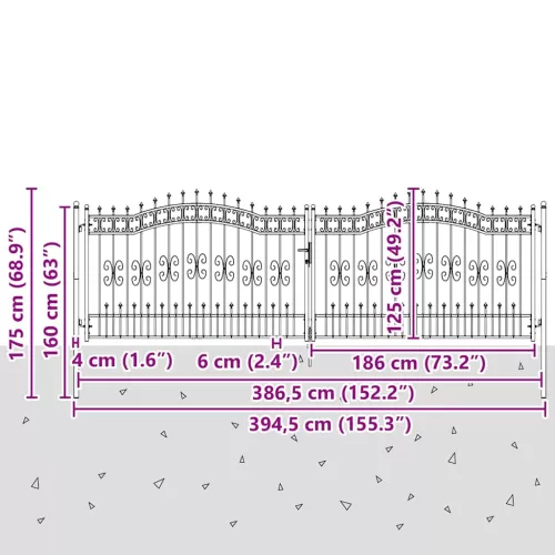  Kerítéskapu Lándzsa Tetejével zárral Szürke 404 x 125 cm Acél