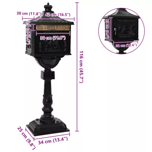  Álló Levélszekrény Fekete 42,5 x 29,5 x 117 cm Öntött alumínium