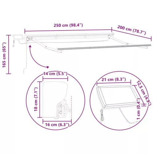  Kézi napellenző keret LED világítással Fehér 2,5 x 2 m