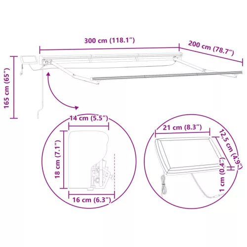  Kézi napellenző keret LED világítással Fehér 3 x 2 m Alumínium