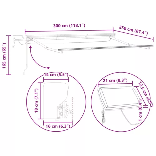  Kézi napellenző keret LED világítással Antracit 3 x 2,5 m Acél