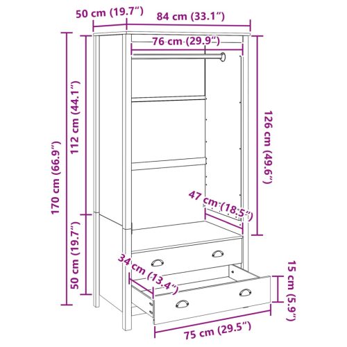  Ruhásszekrény fiókkal Méz barna 84 x 50 x 170 cm Tömör fenyőfa