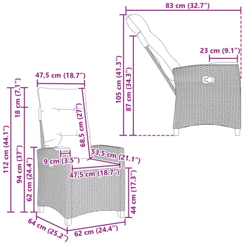  Dönthető szék tea tállal párnával 62 x 64 x 112 cm polirattan