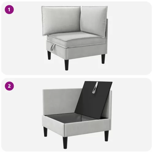  Sarok Sofa tárolóval Világosszürke Bársony