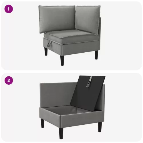  Sarok Sofa tárolóval Sötétszürke Bársony