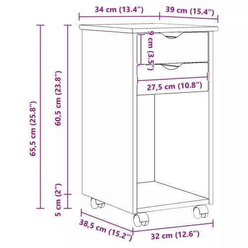  Görgős szekrény kerékkel Fekete 34 x 39 x 65,5 cm Tömör fenyő