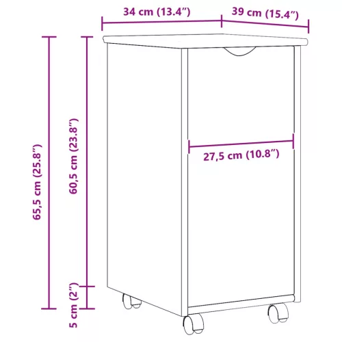  Görgős szekrény kerékkel Fehér 34 x 39 x 65,5 cm Tömör fenyőfa