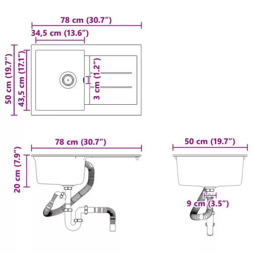  Mosogató Fekete 780 x 500 mm 80% Kvarc és 20% Gyanta