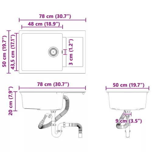  Mosogató Fehér 780 x 500 mm 80% Kvarc és 20% Gyanta