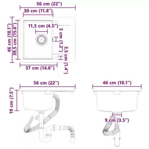  Mosogató Szürke 560 x 460 mm 80% Kvarc és 20% Gyanta