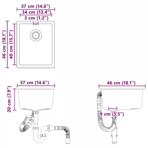  Mosogató Fekete 370 x 460 mm 80% Kvarc és 20% Gyanta