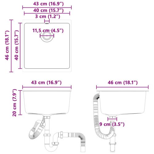  Mosogató Szürke 430 x 460 mm 80% Kvarc és 20% Gyanta