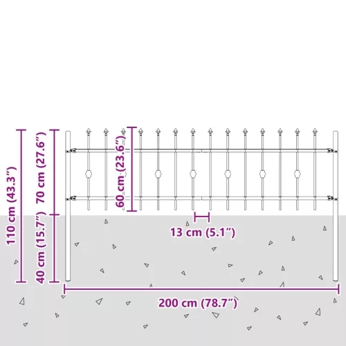  Tüskés kerítés Fekete 200 x 130 cm Porszórt acél