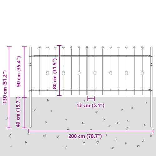  Tüskés kerítés Fekete 200 x 130 cm Porszórt acél