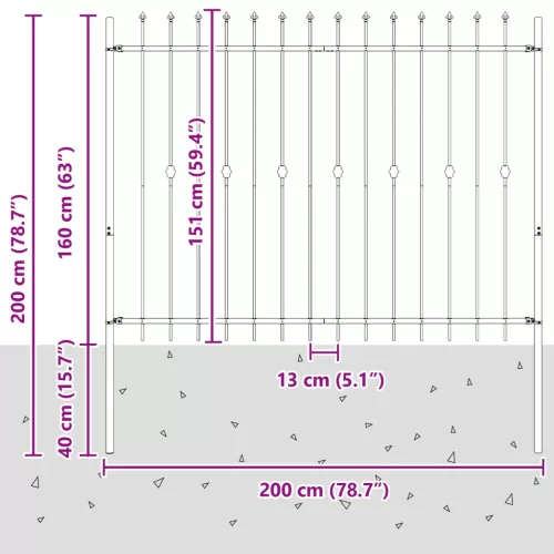  Tüskés kerítés Fekete 200 x 200 cm Porszórt acél