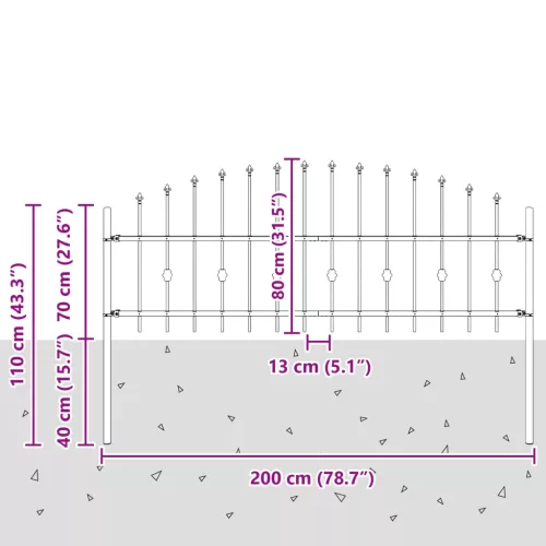  Tüskés kerítés Fekete 200 x 130 cm Porszórt acél