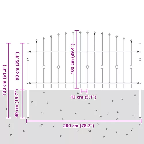  Tüskés kerítés Fekete 200 x 130 cm Porszórt acél
