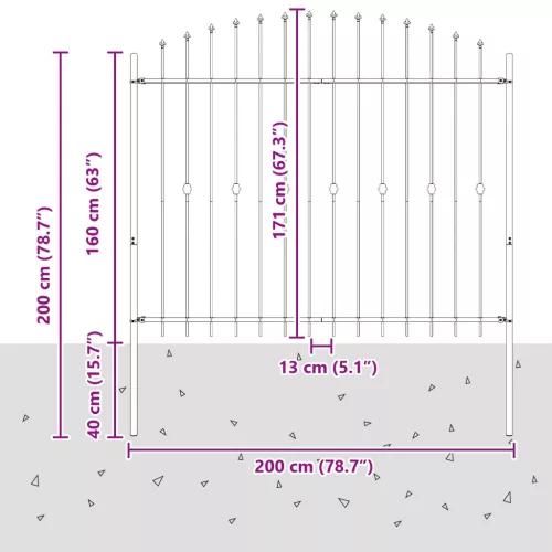  Tüskés kerítés Fekete 200 x 200 cm Porszórt acél