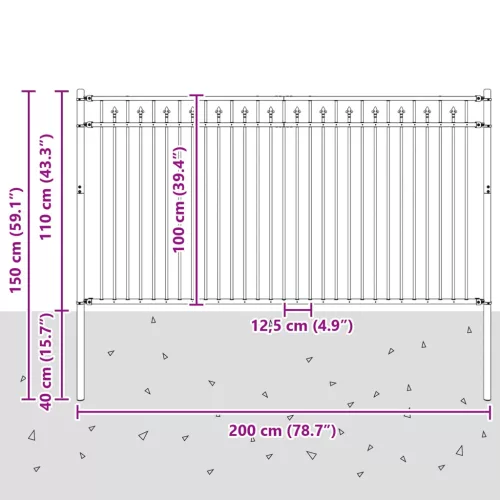  Tüske Kerítés Fekete 200 x 150 cm Porszórt acél
