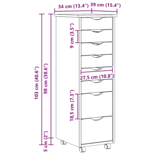  Görgős szekrény fiókokkal MOSS Tiszta lakk 34 x 39 x 103 cm