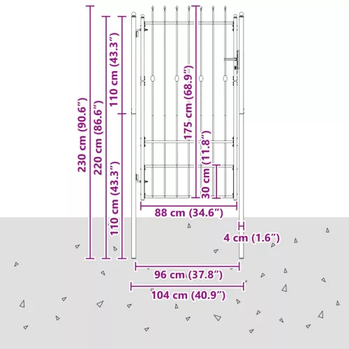  Kerítés kapu zárral Asten Fekete 175 x 88 cm Acél