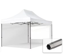   Professional összecsukható sátrak PREMIUM 350g/m2 ponyvával, acélszerkezettel, 2 oldalfallal, panoráma ablakkal - 3x4,5m fehér