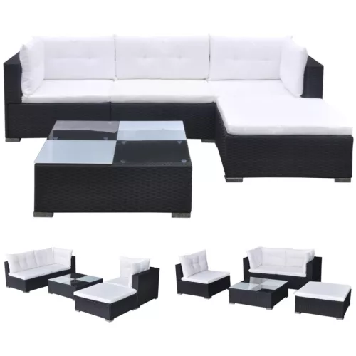  5 részes fekete polyrattan kerti ülőgarnitúra párnákkal