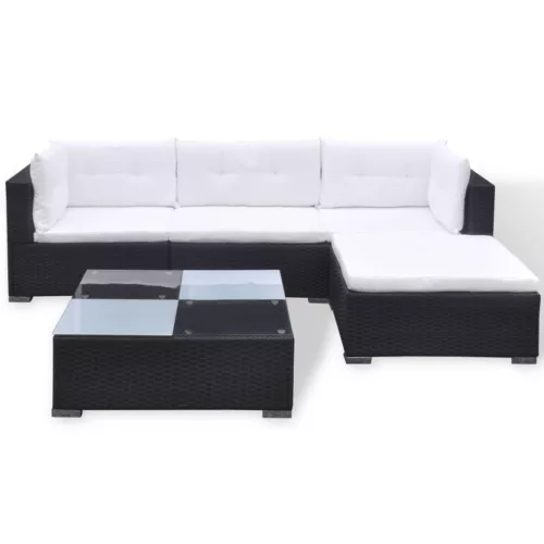  5 részes fekete polyrattan kerti ülőgarnitúra párnákkal