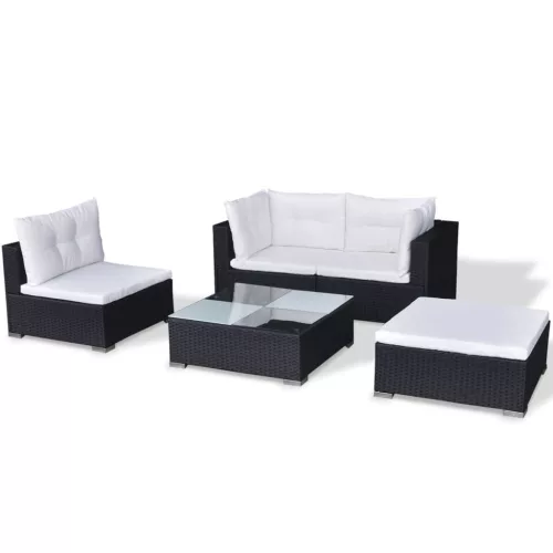  5 részes fekete polyrattan kerti ülőgarnitúra párnákkal