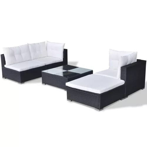  5 részes fekete polyrattan kerti ülőgarnitúra párnákkal