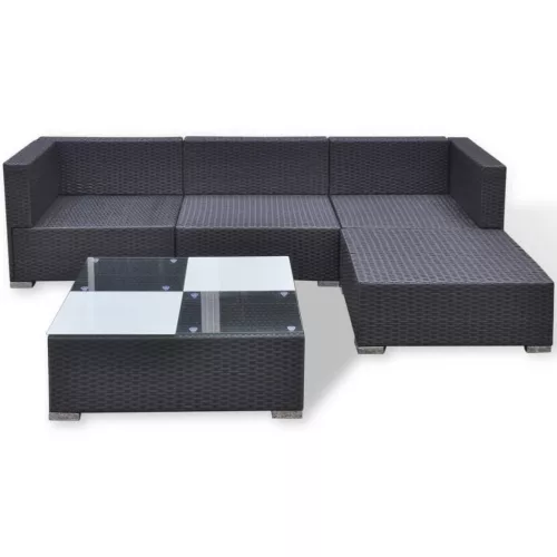  5 részes fekete polyrattan kerti ülőgarnitúra párnákkal