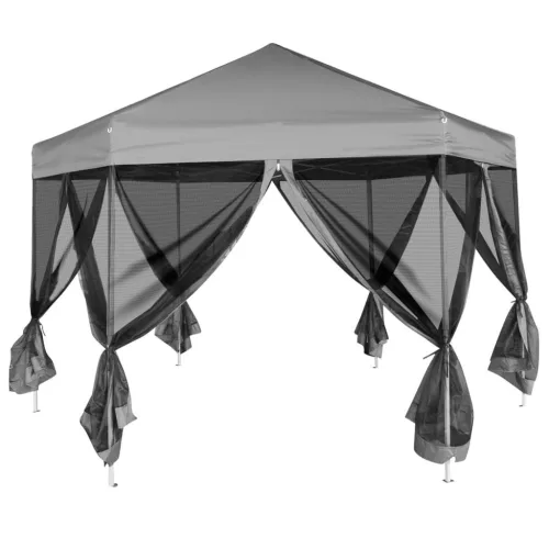  szürke hatszögletű felugró pavilon 6 oldalfallal 3,6 x 3,1 m