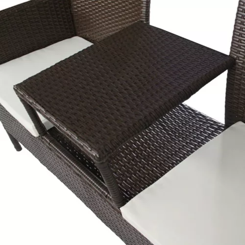  barna kétszemélyes polyrattan kerti kanapé italtartó asztallal